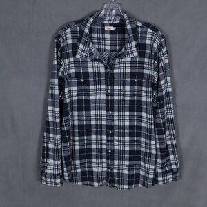 Faherty Legend Sweater Shirt Womens XL Navy Blue Plaid Flannel Knit Button Up